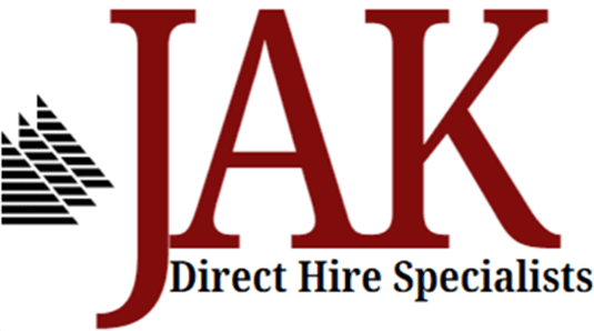 Logo with large red letters 'JAK' and smaller text 'Direct Hire Spe' below on a white background.