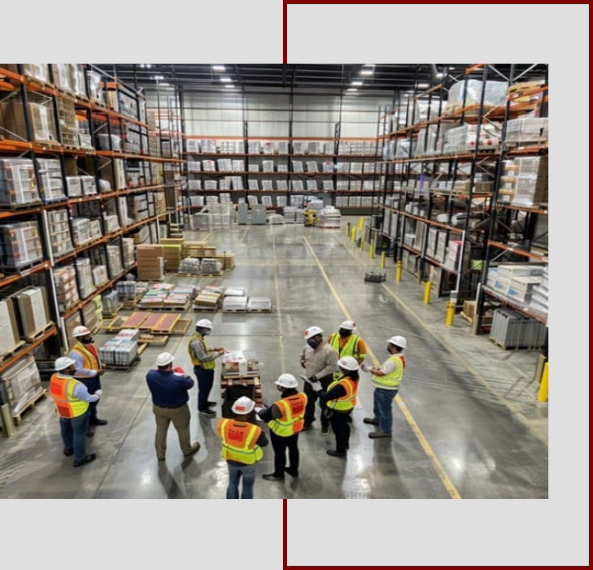 Warehouse workers in safety vests and helmets.